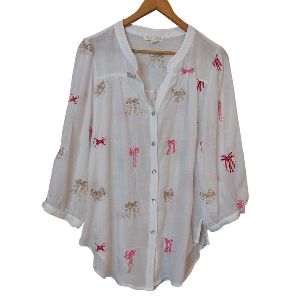FIG FLOWER Womens White Bow‎ Embroidered Button Down Blouse XL